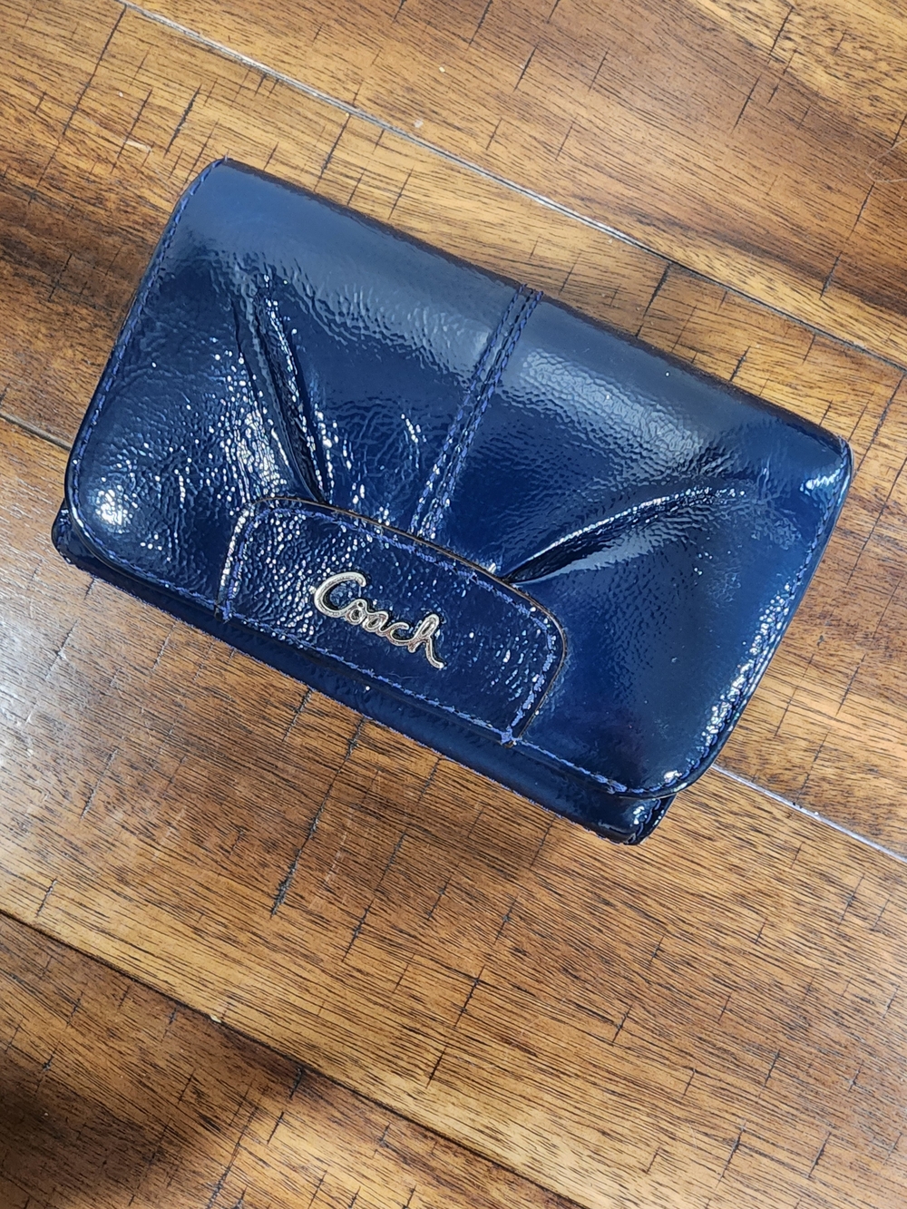 Coach Navy Patent Leather Compact Wallet with Silver Logo